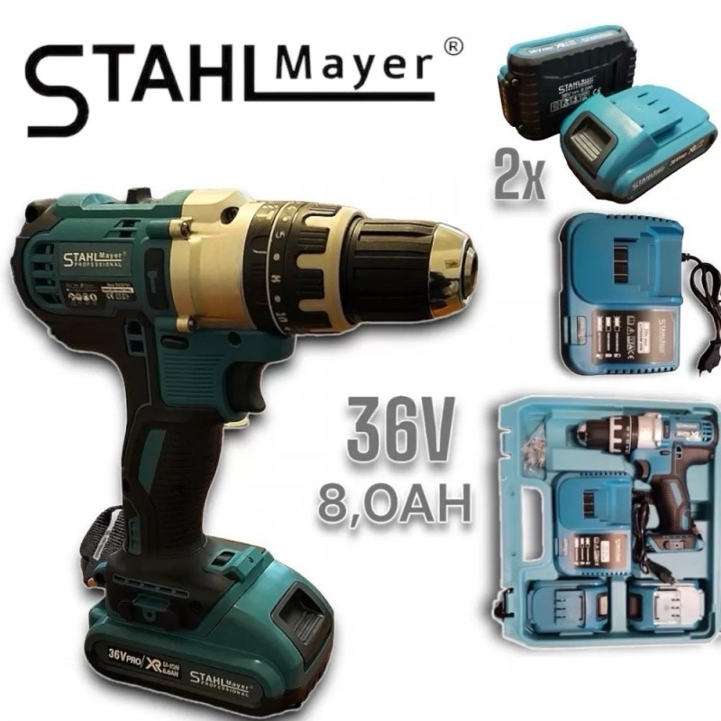 Акумулаторен Винтоверт Ударен- Бормашина  STAHLMAYER XR 36V 8,0AH Безчетков Безжичен + 40 Части Инструменти в Куфар - цена