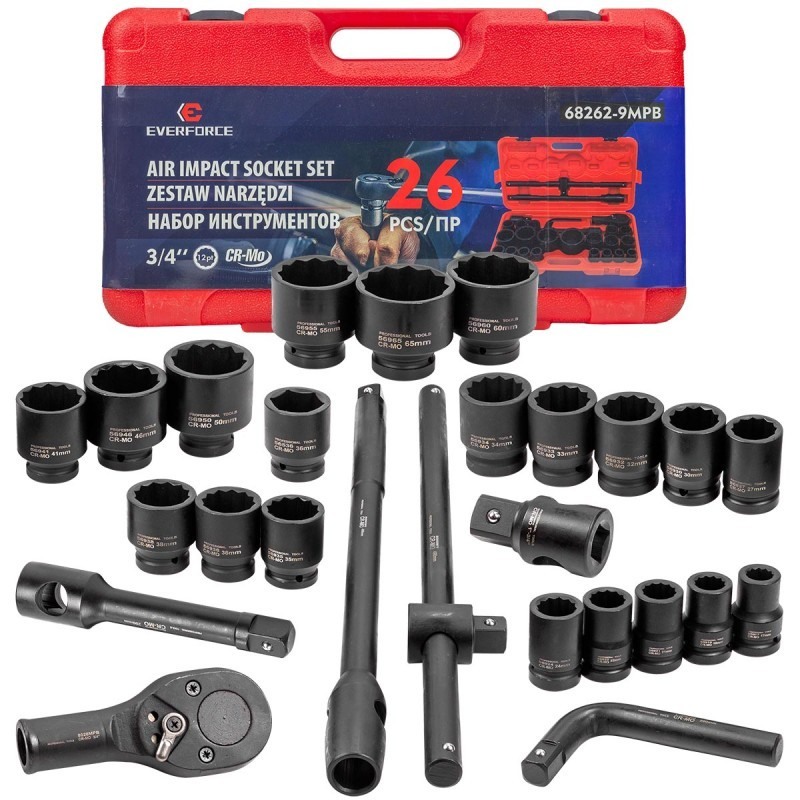 Ударно гедоре комплект EVERFORCE  26 части  12-стен (3/4"-1", 17-65 mm) - цена