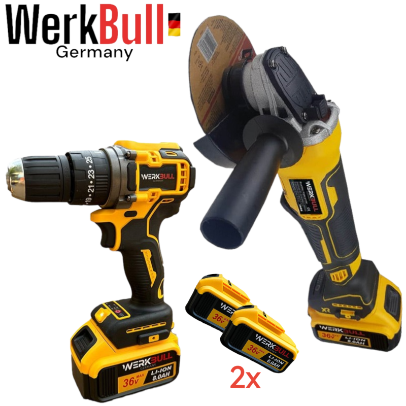 Немски Акумулаторен Винтоверт и Безчетков Ъглошлайф WERKBULL 36V 8,0AH шлайф и винтовер  2в1